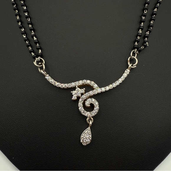 Dainty Necklace with Black Beaded Chain and CZ studded Asymmetrical Pendant - Picture 9 of 13